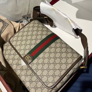 Gucci Beige and Brown Messenger Bag with Green and Red Stripe